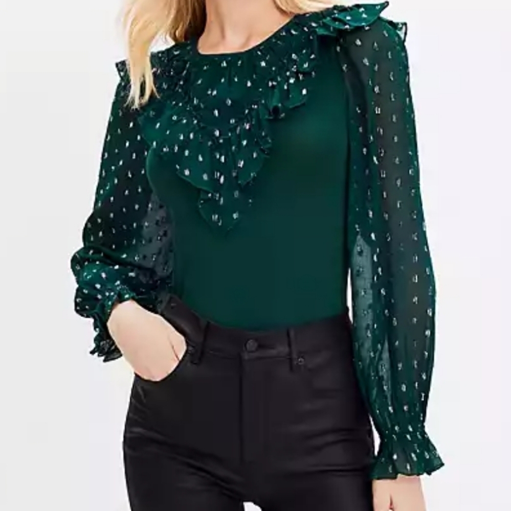 NWT Loft Mixed Media Green Silver Embroidered Blouse‎ Large